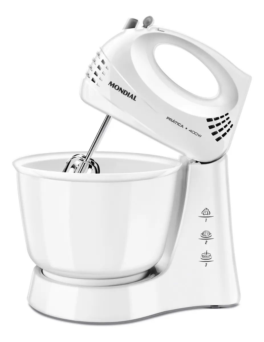 Batedeira Prática Mondial 400W B-44-W (Tigela 3,6 L, 3 Velocidades)