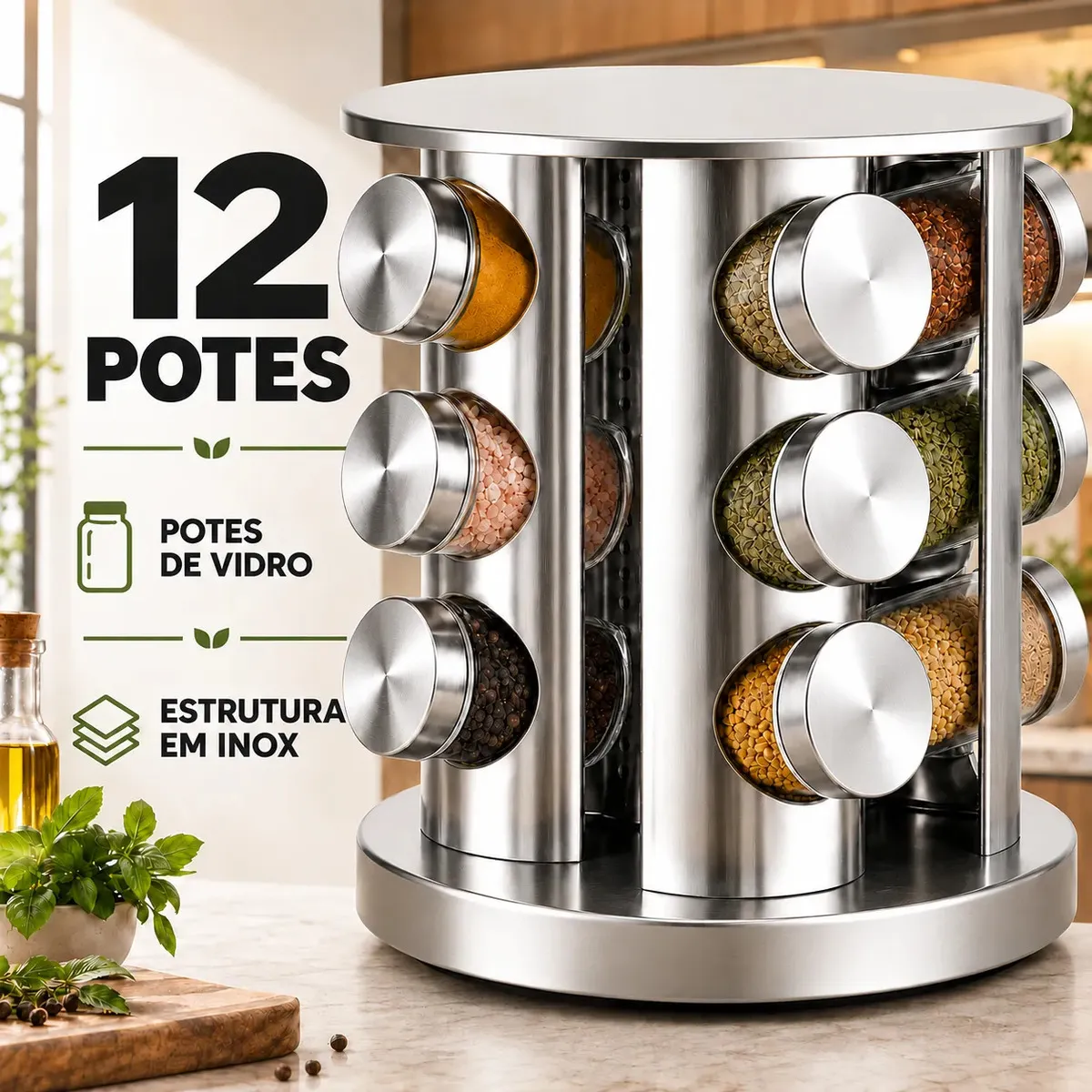 Porta Temperos Condimentos Inox Kit 12 Unidades Potes de Vidro