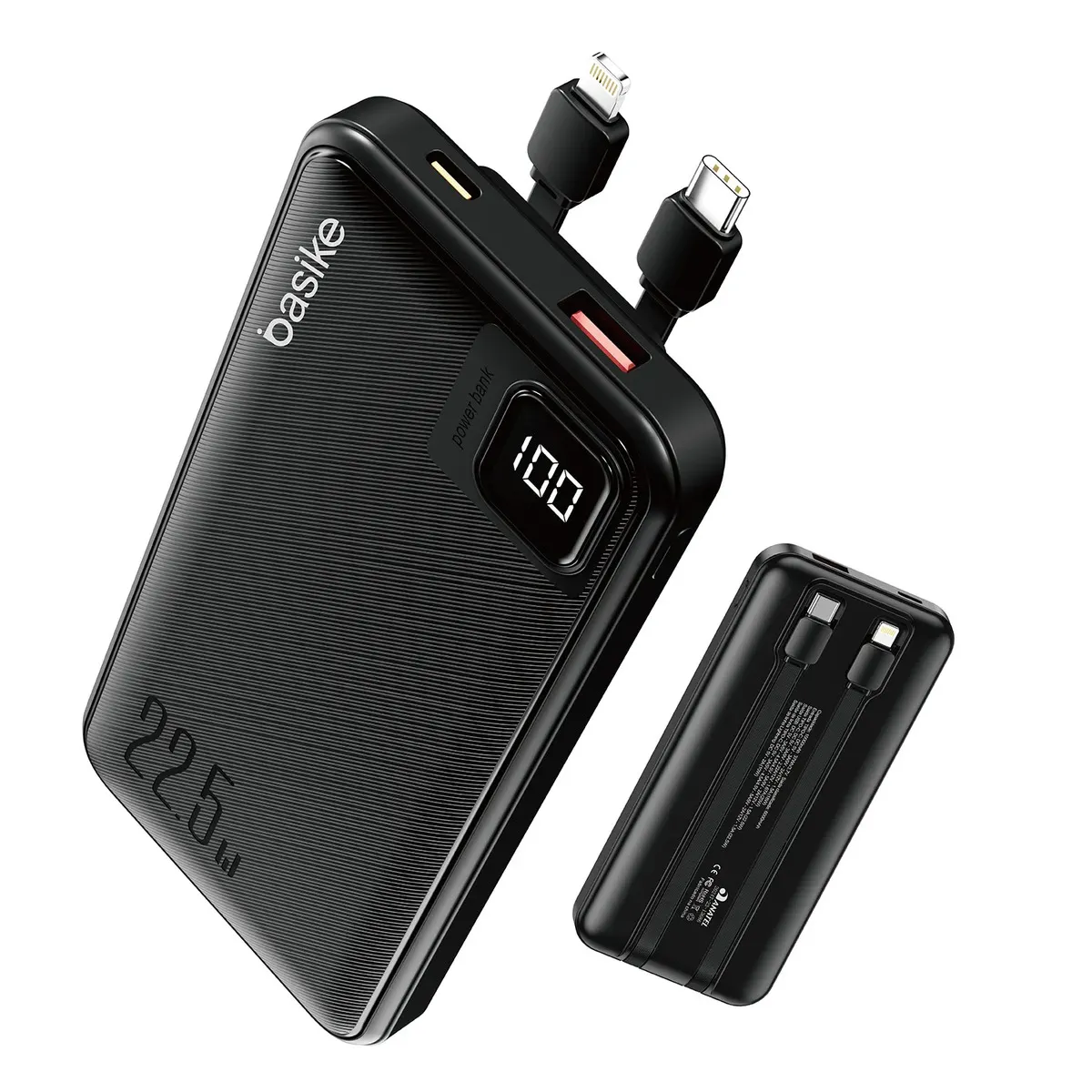 Power Bank Basike 10000mAh Preto, Carga Rápida 22,5W, Cabos Embutidos e Display (ANATEL 202472313686)