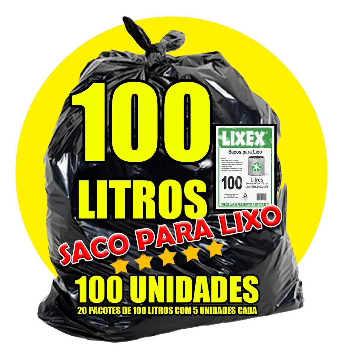 Saco de Lixo 100L Preto 100 Unidades 75x105cm Resistente Lixex