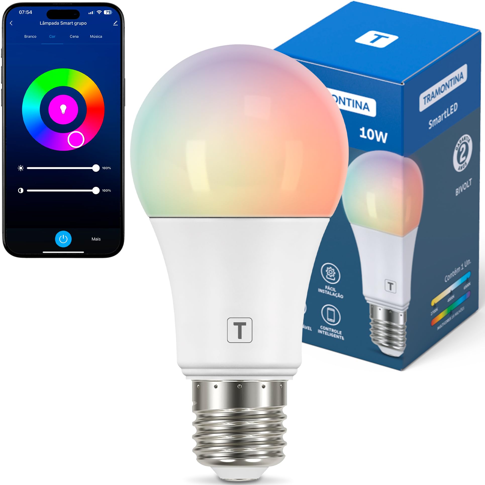 Tramontina Lâmpada Smart LED E27 10W Wi-Fi + Bluetooth, Compatível com Alexa e Google Assistente