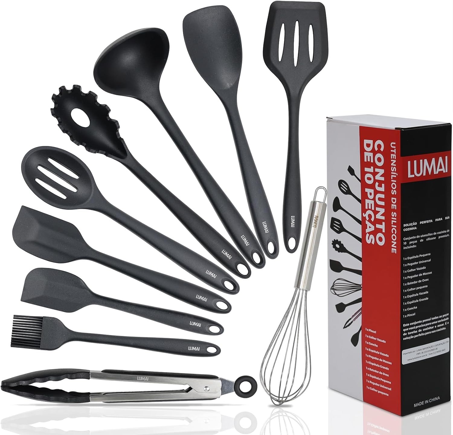 Kit 10 Utensílios de Cozinha LUMAI Silicone e Inox
