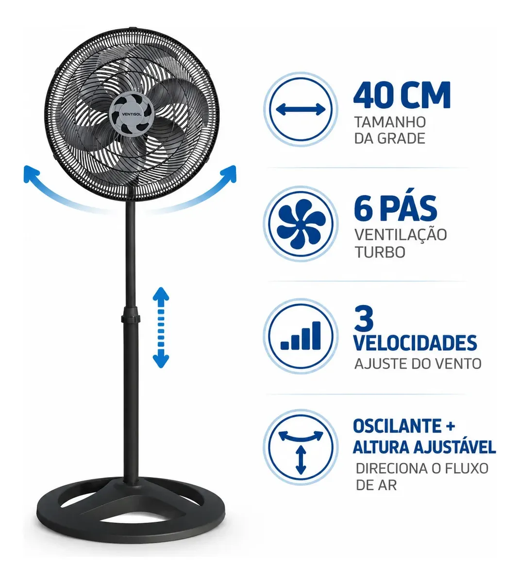 Ventilador de Coluna Ventisol Turbo 6 Pás 40cm Preto 3851 (INMETRO, 3 Velocidades, 80W)